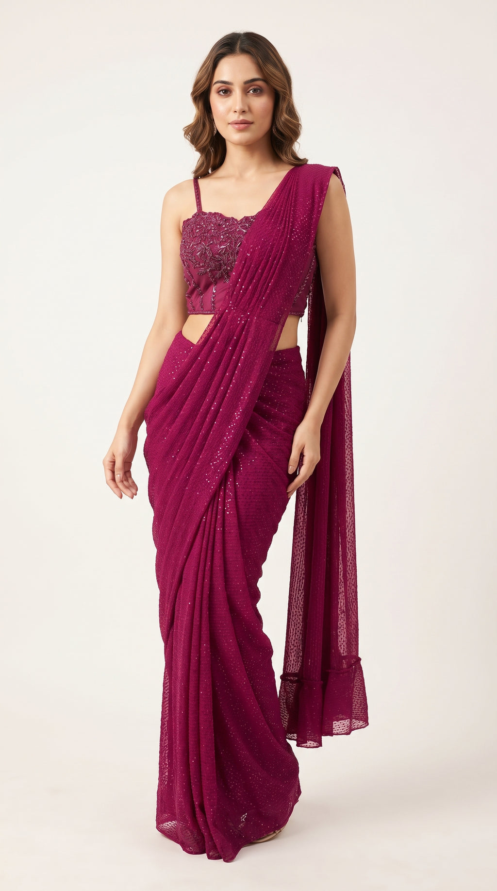 Meher Wine Shimmer Drape Saree with Corset Blouse