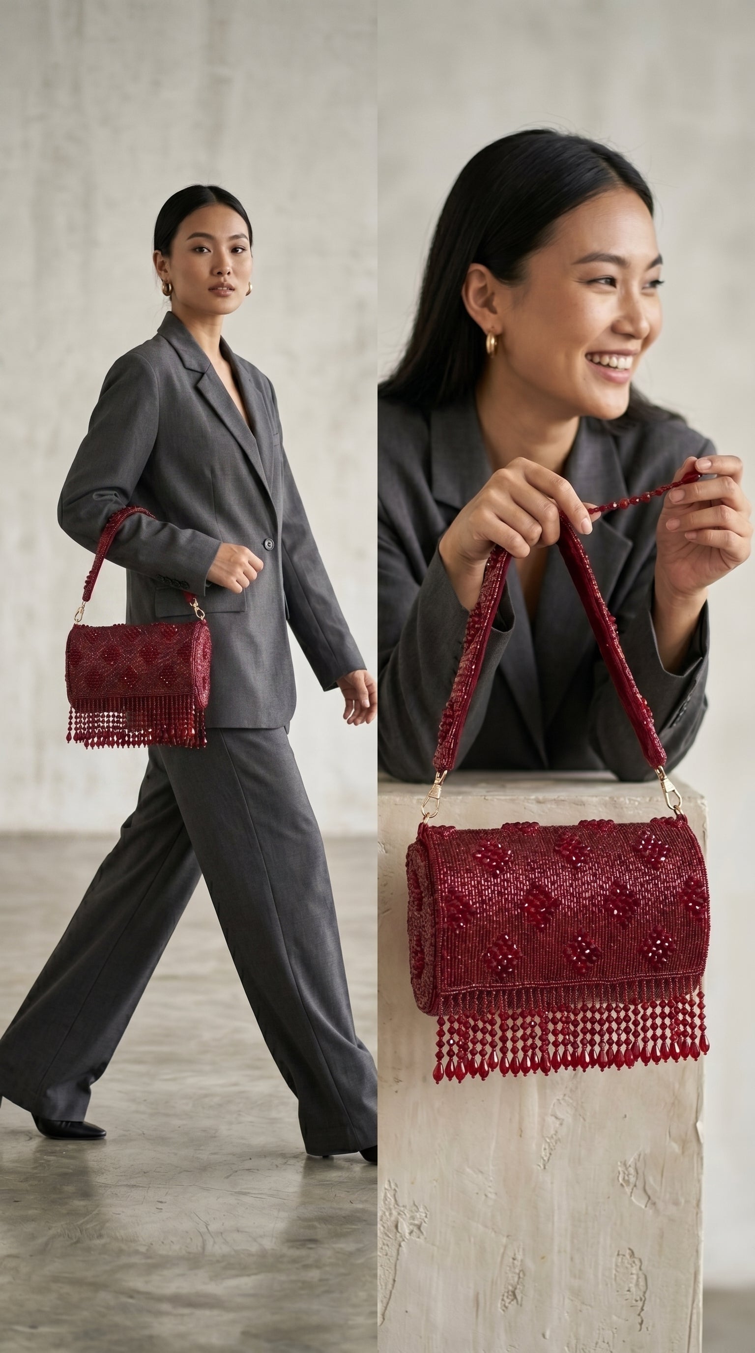 Ruby Radiance Handcrafted Beaded Barrel Bag