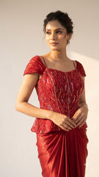 Rooh Crimson Satin Corset Dhoti Dress