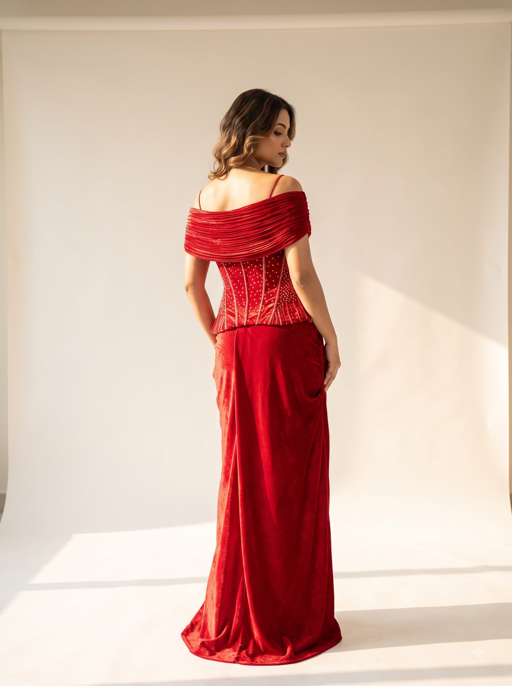Rooh Crimson Satin Corset Dhoti Dress