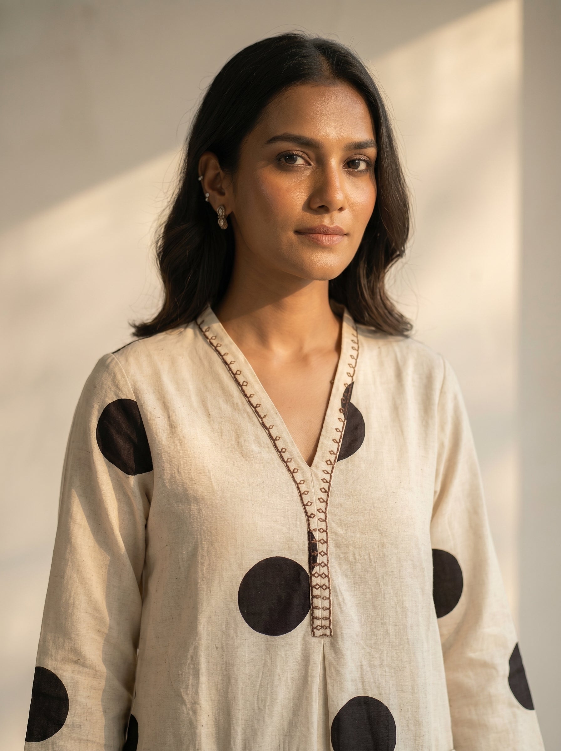 Zareen Ivory Cotton Purple Polka Coord Set