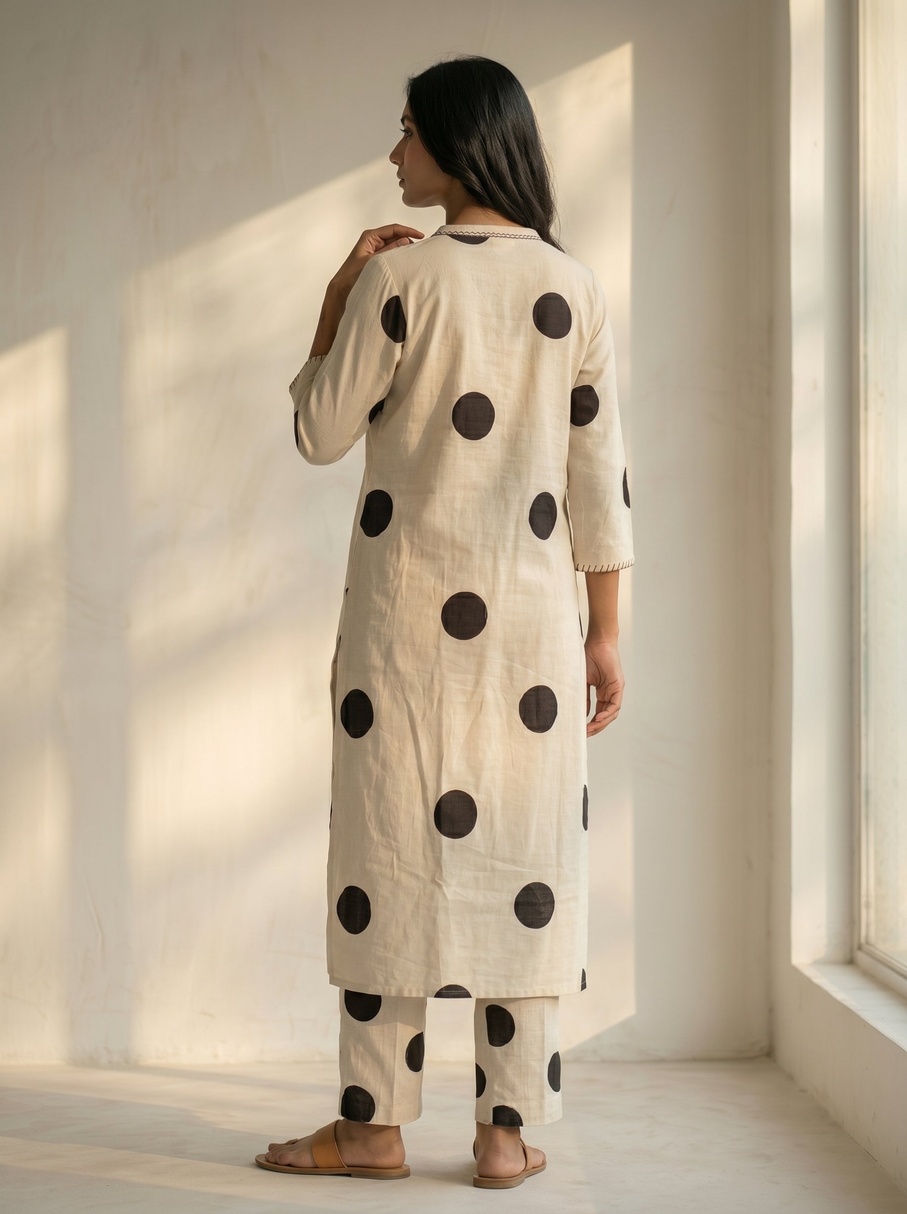 Zareen Ivory Cotton Purple Polka Coord Set