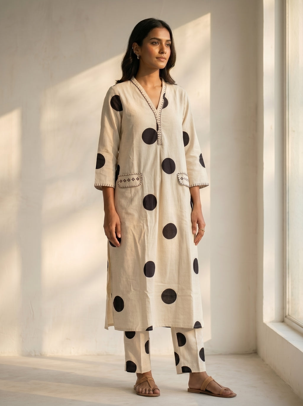 Zareen Ivory Cotton Purple Polka Coord Set