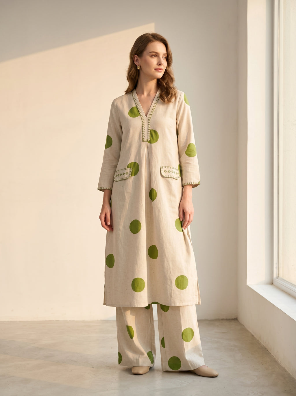 Zareen Ivory Cotton Green Polka Coord Set