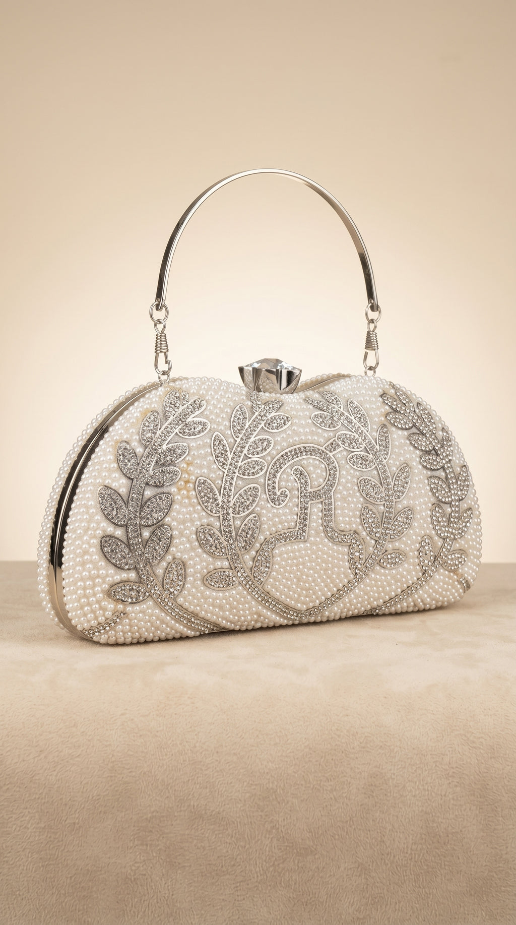 Regal Pearl & Crystal Laurel Handcrafted Clutch