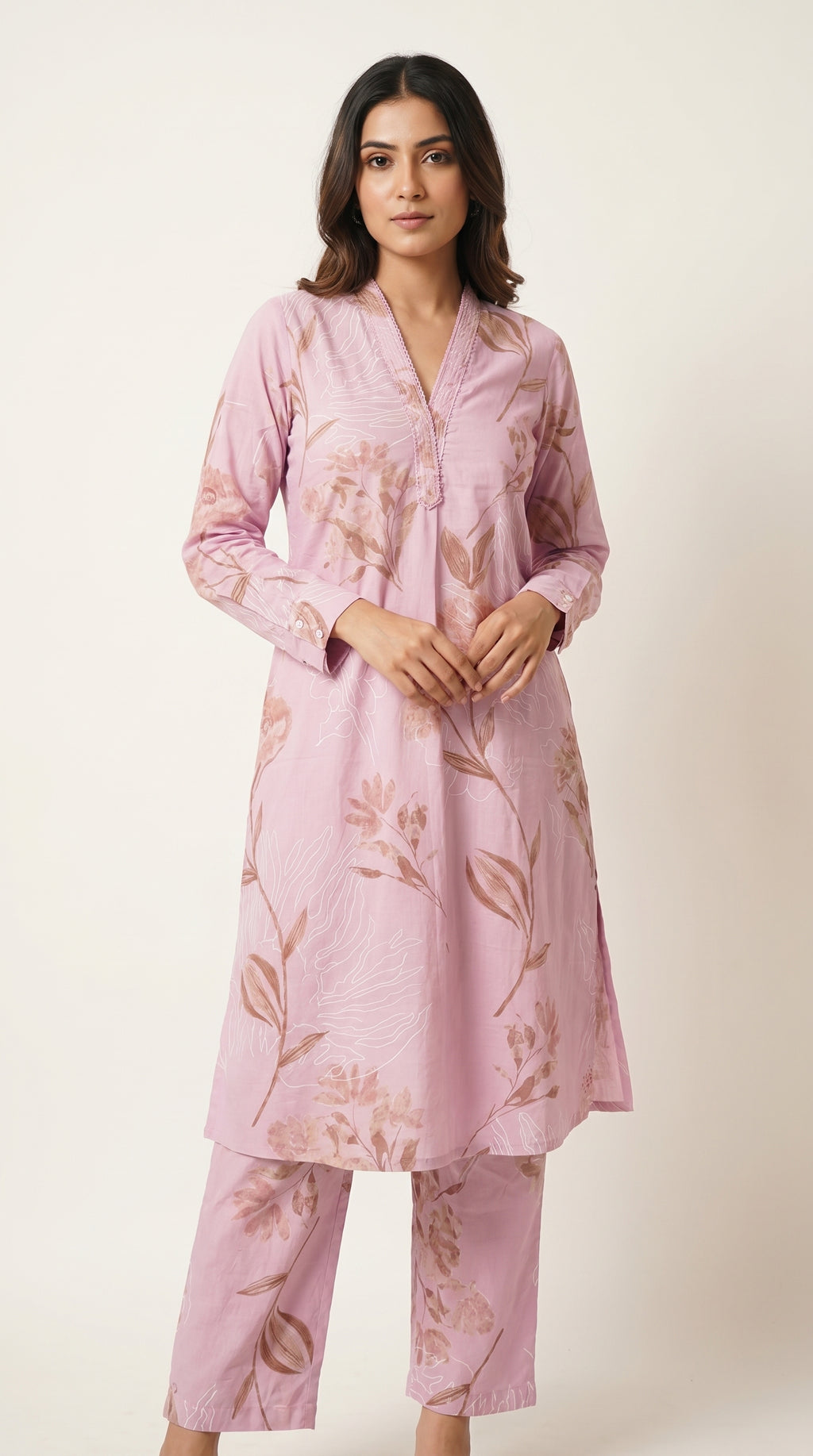 Lilac Bloom Floral Printed Cotton Kurta Set