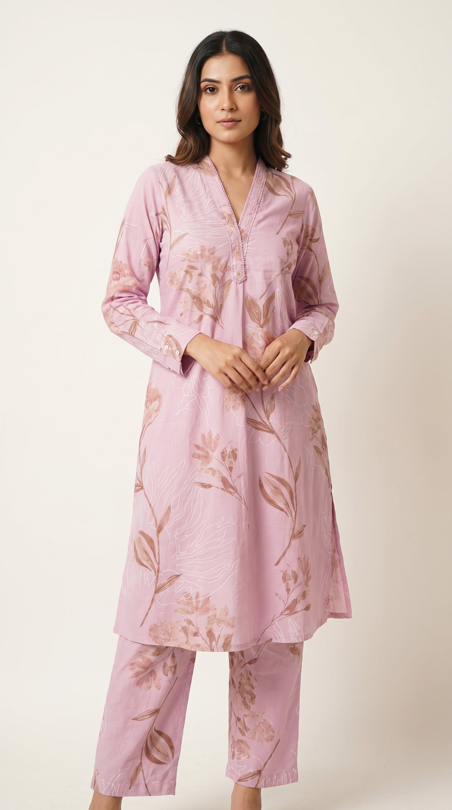 Lilac Bloom Floral Printed Cotton Kurta Set