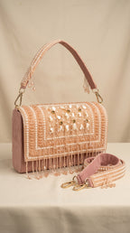 Mauve Pearl & Shell Embellished Fringe Bag