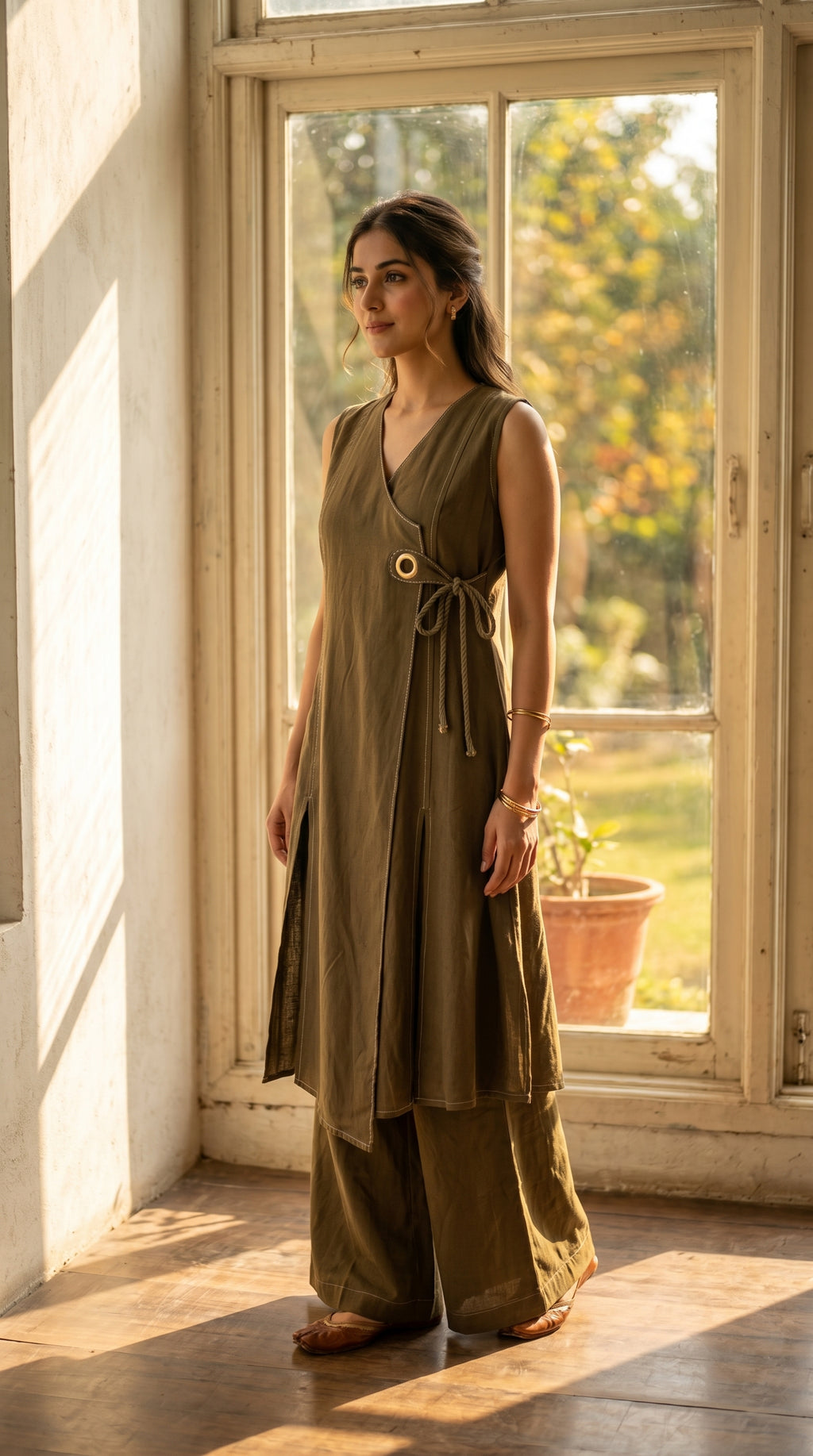 Olive Wrap-Style Linen Co-ord Set