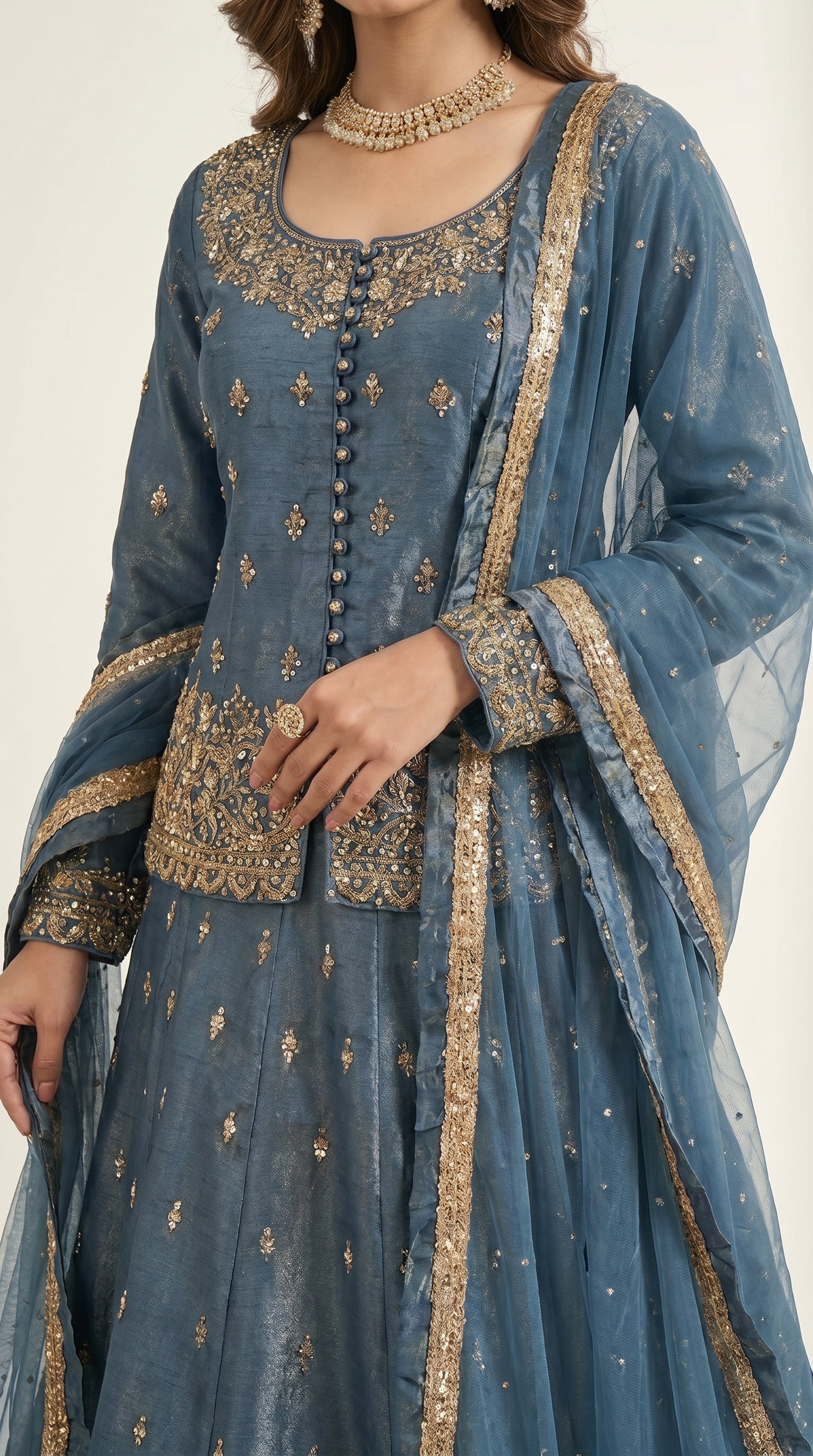 Ice Blue Silk Handwork Lehnga Shirt Set