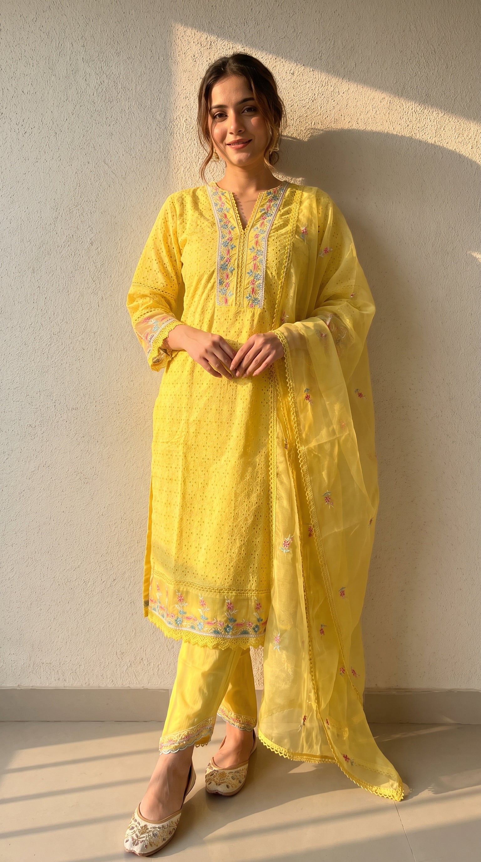 Gulbahaar Sunshine Yellow Schiffli Cotton Kurta Set