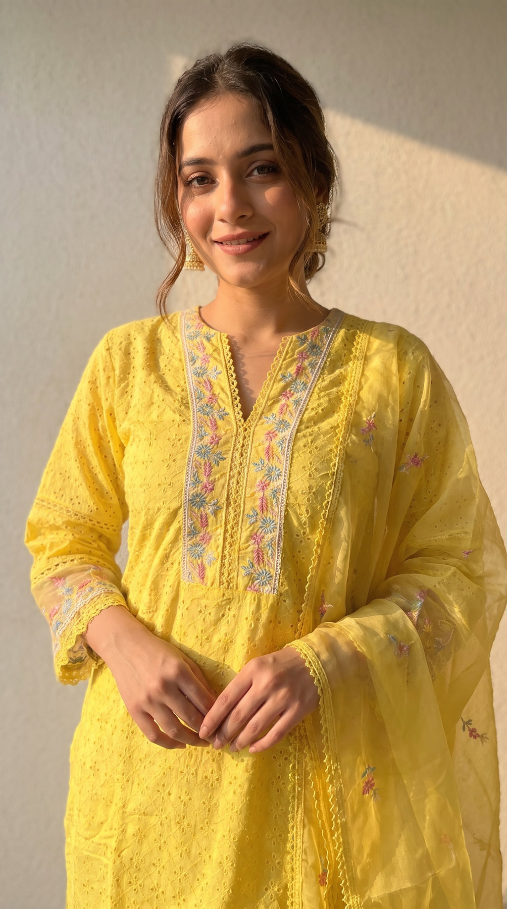 Gulbahaar Sunshine Yellow Schiffli Cotton Kurta Set