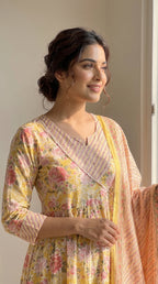 Gulnaar Yellow Floral Cotton Anarkali Kurta Set