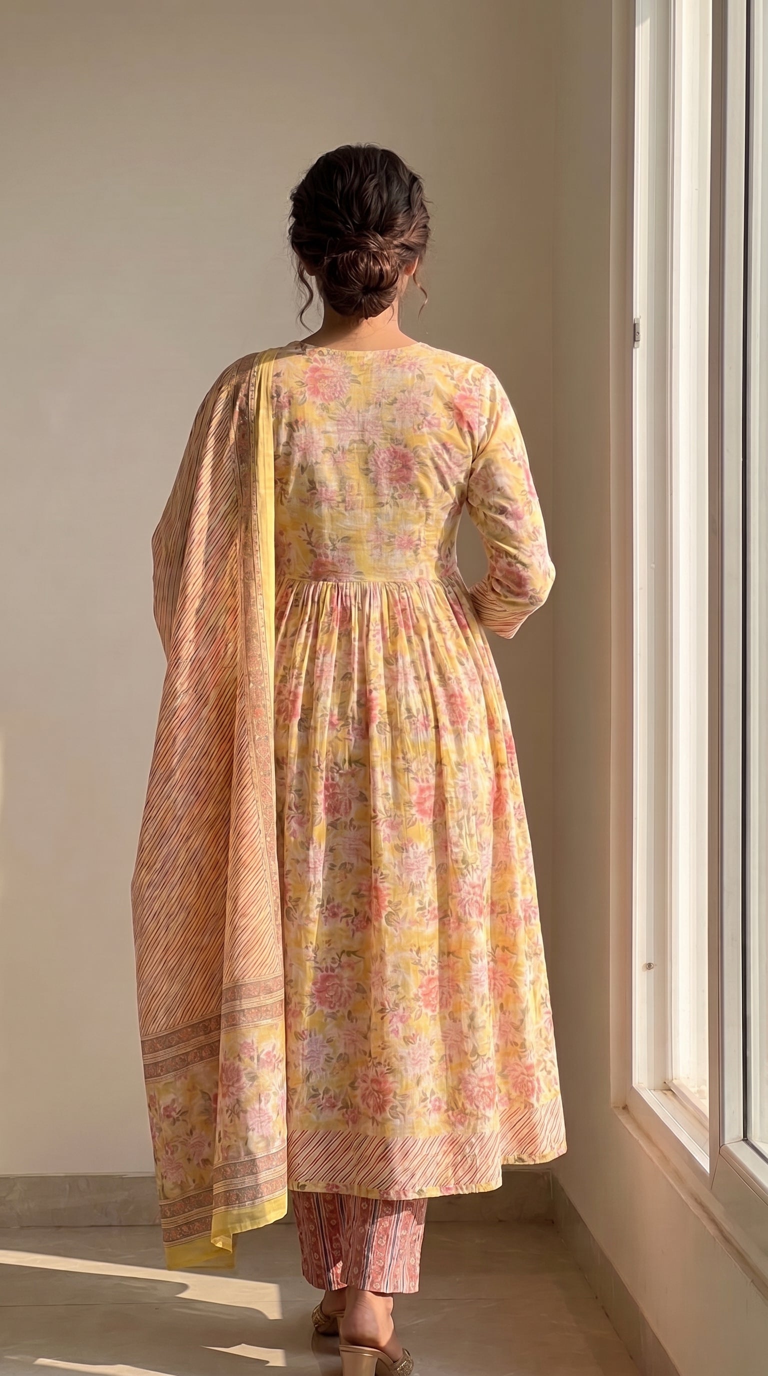 Gulnaar Yellow Floral Cotton Anarkali Kurta Set