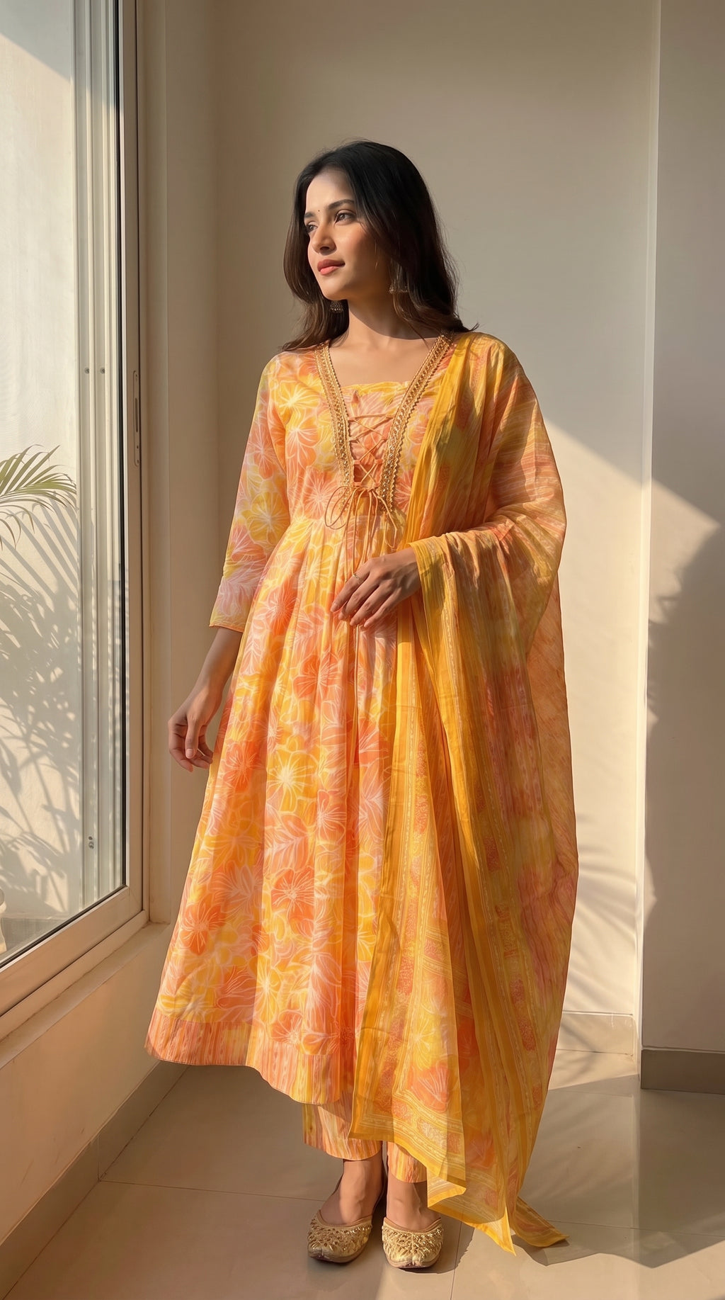 Sunaira Peach Floral Cotton Kurta Set