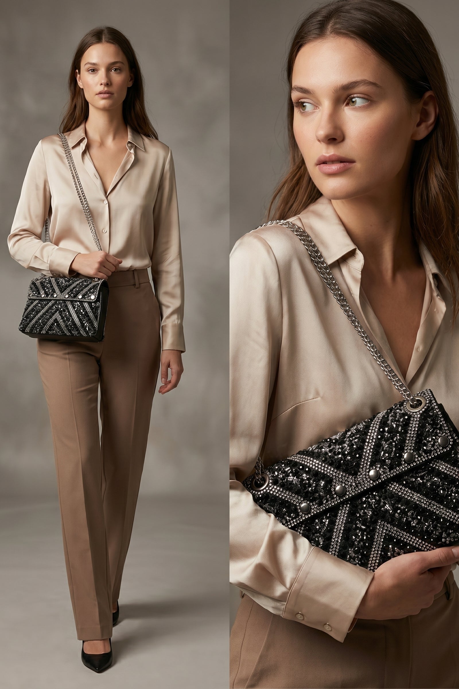 Midnight Noir Embellished Chevron Sling Bag