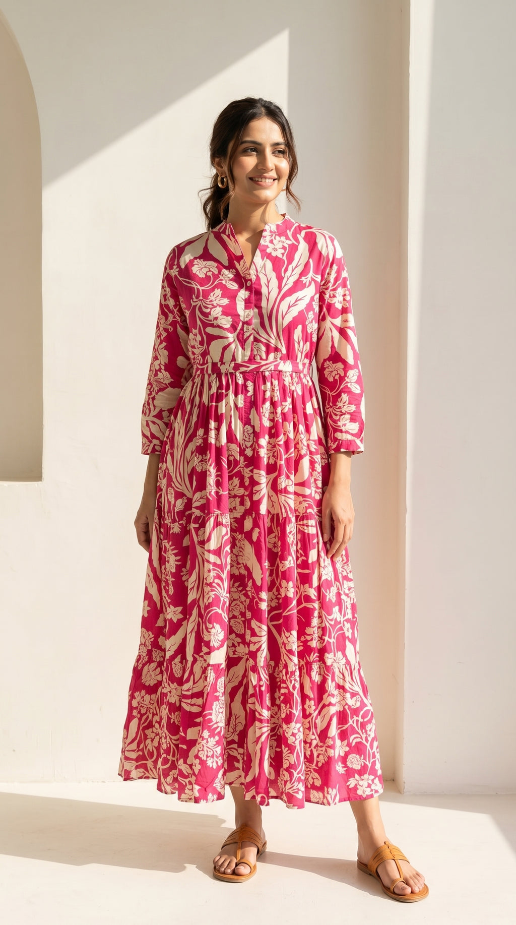 Fuchsia Floral Tiered Cotton Dress