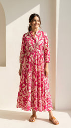 Fuchsia Floral Tiered Cotton Dress