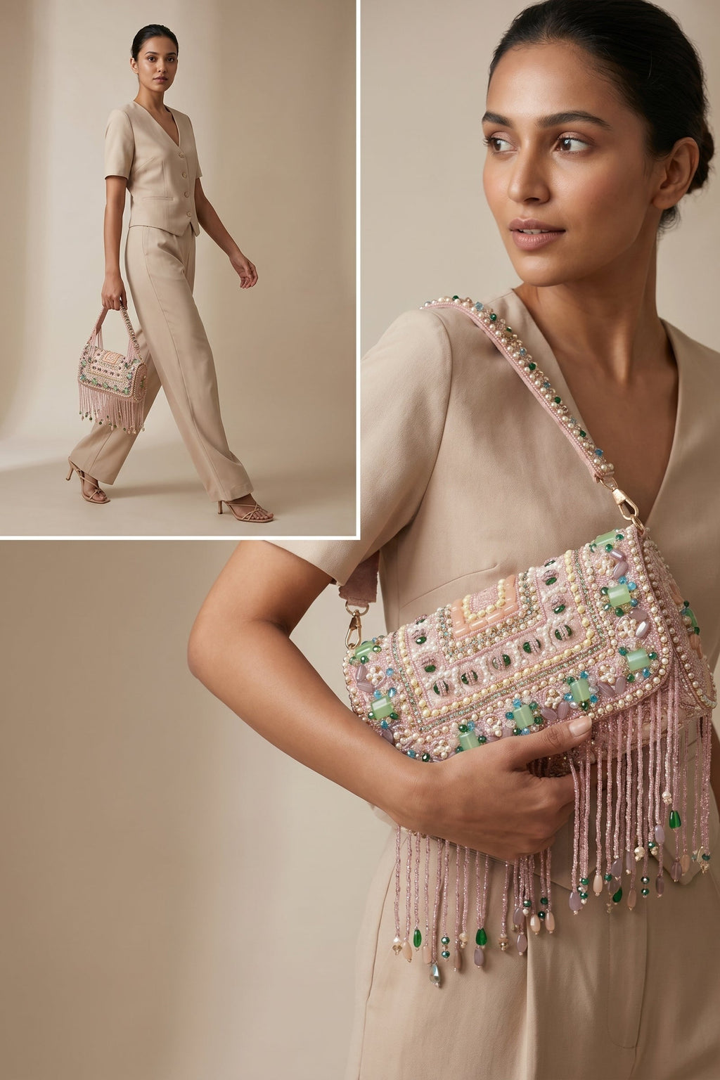 Meher Blush Pink Beaded Fringe Sling Bag