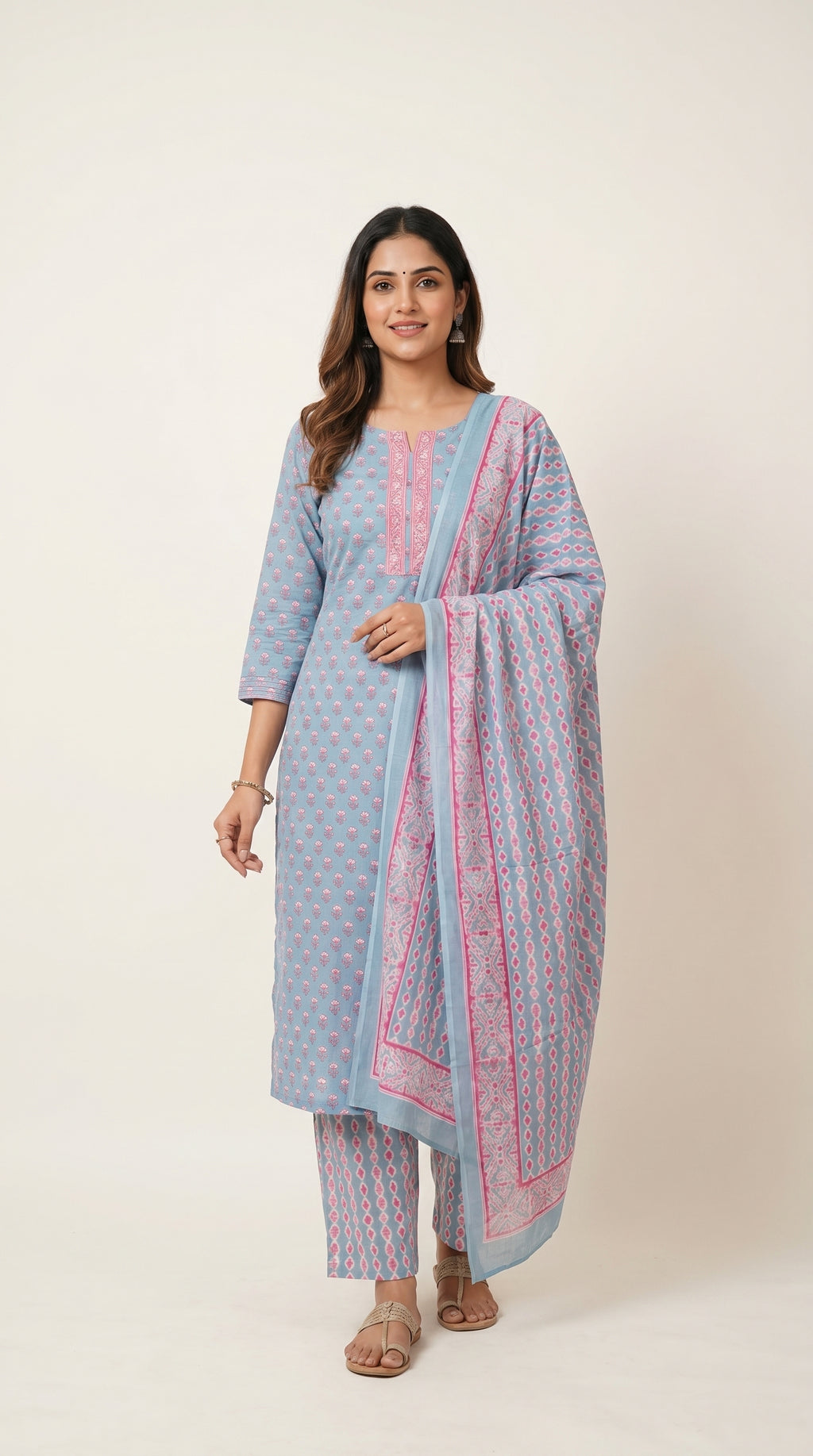 Aarini Powder Blue Cotton Kurta Set