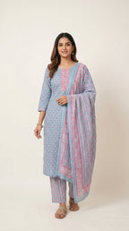 Aarini Powder Blue Cotton Kurta Set