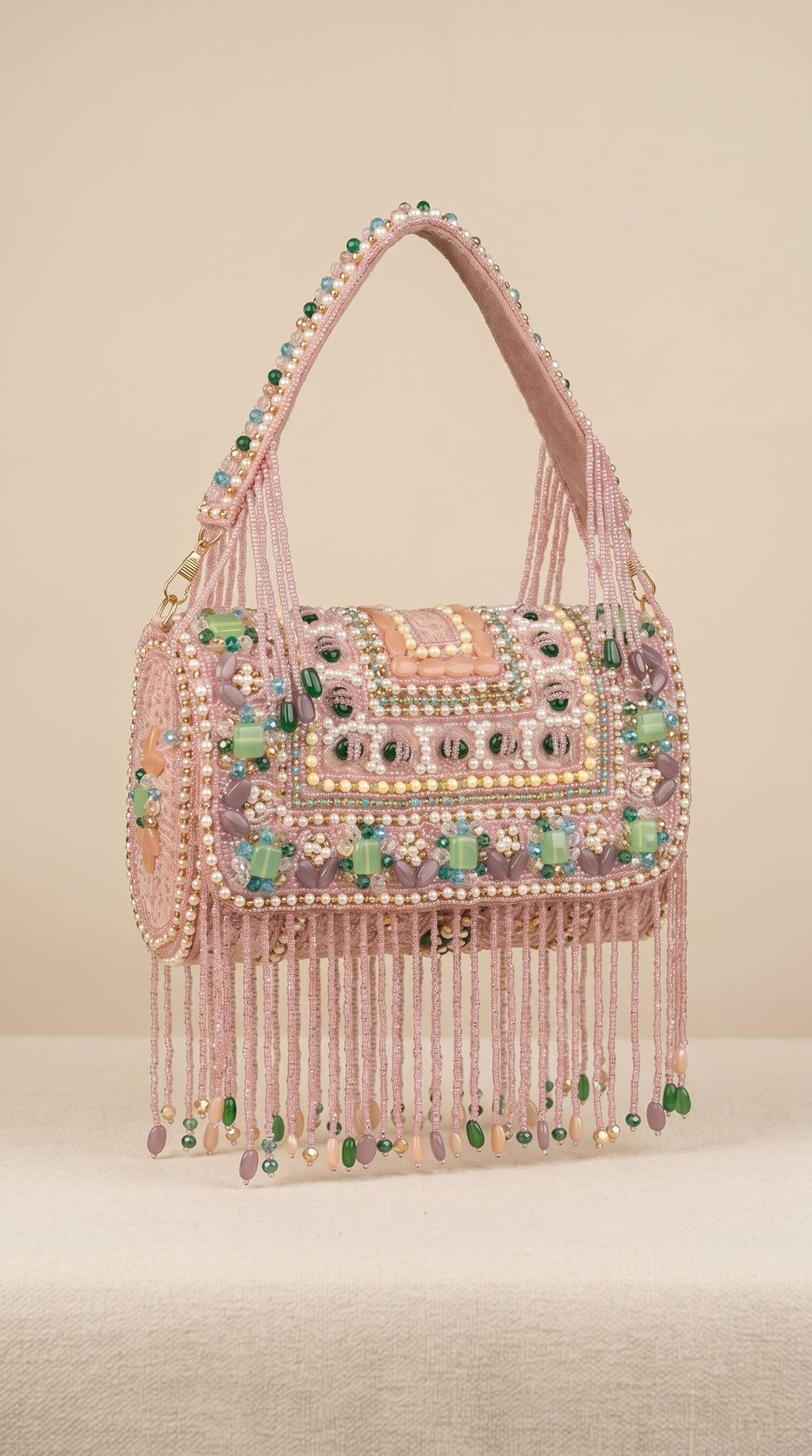Meher Blush Pink Beaded Fringe Sling Bag