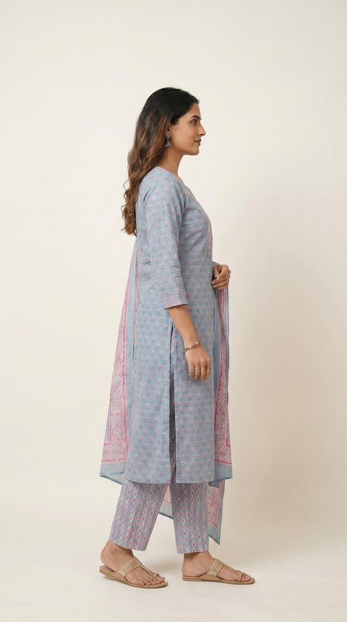 Aarini Powder Blue Cotton Kurta Set