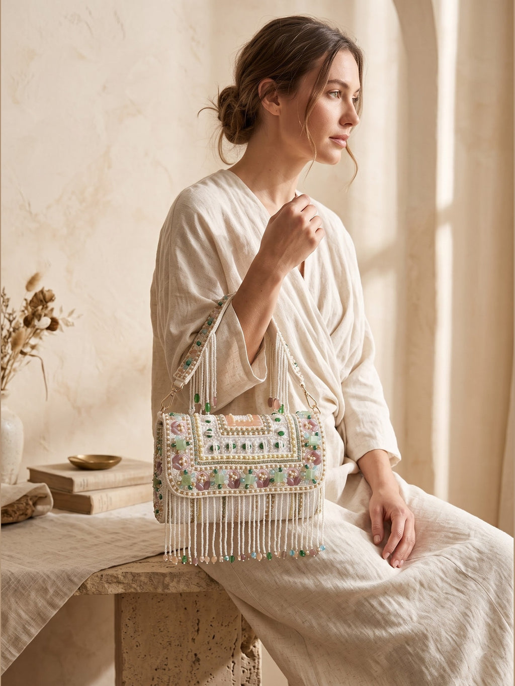 Meher Blush Gold Beaded Fringe Sling Bag