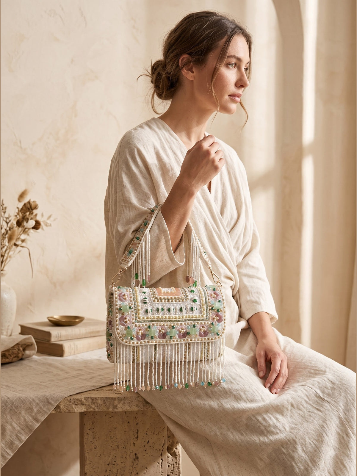 Meher Blush Gold Beaded Fringe Sling Bag