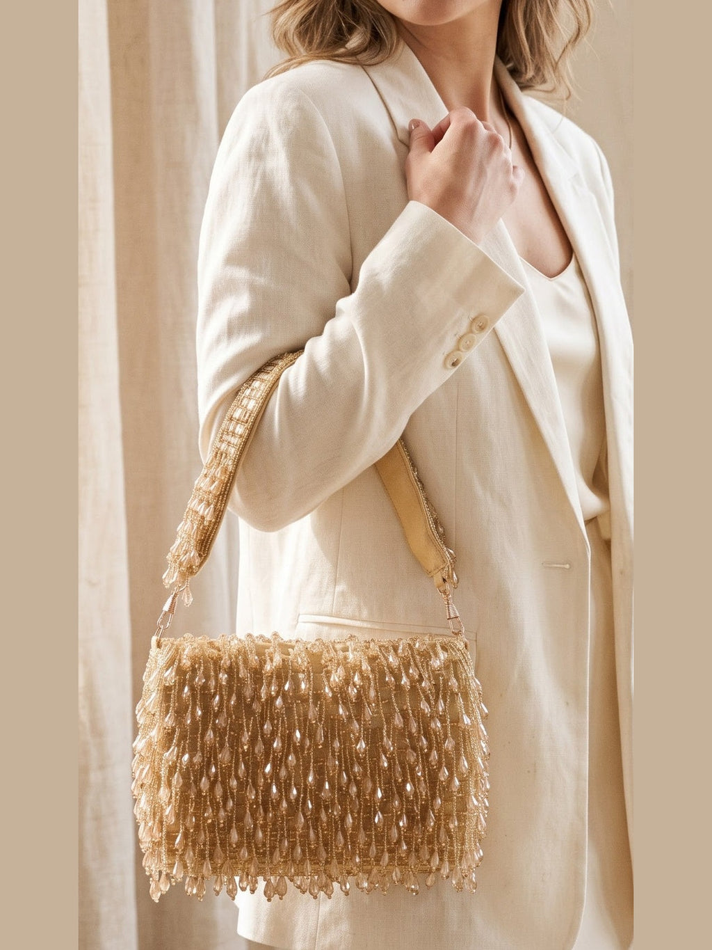 Aurelia Champagne Crystal Beaded Shoulder Bag