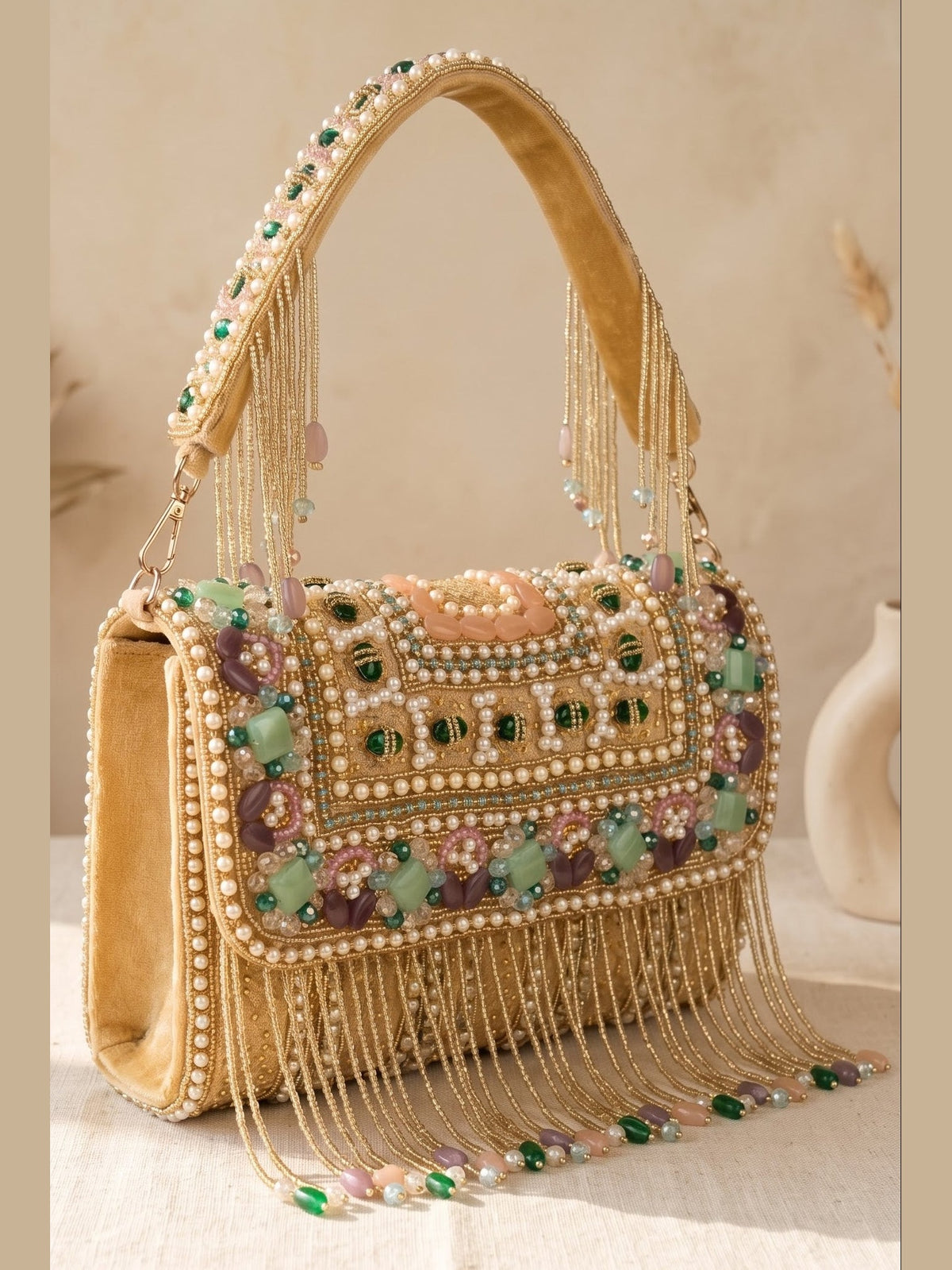 Meher Blush Gold Beaded Fringe Sling Bag