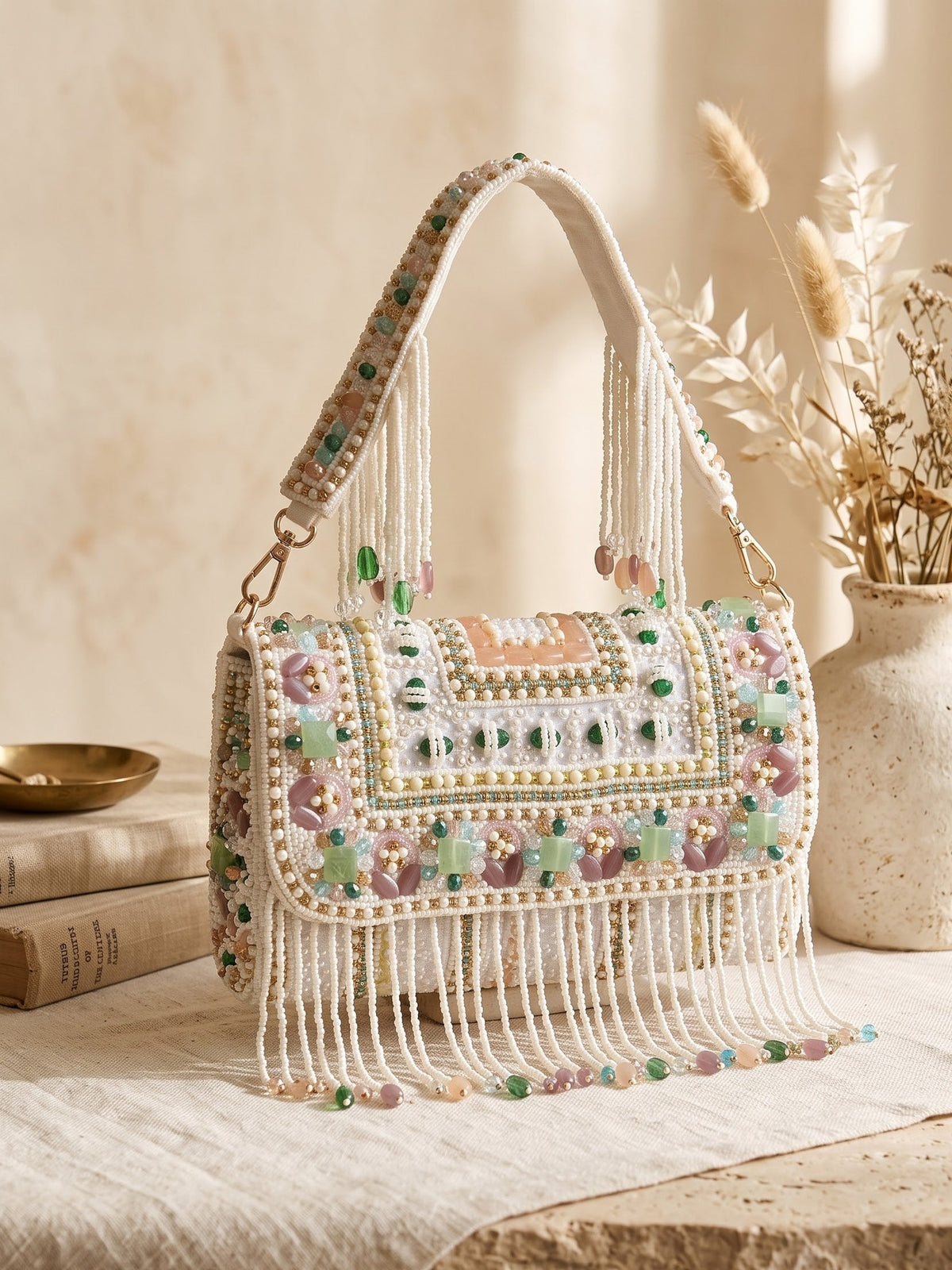 Meher Blush Gold Beaded Fringe Sling Bag