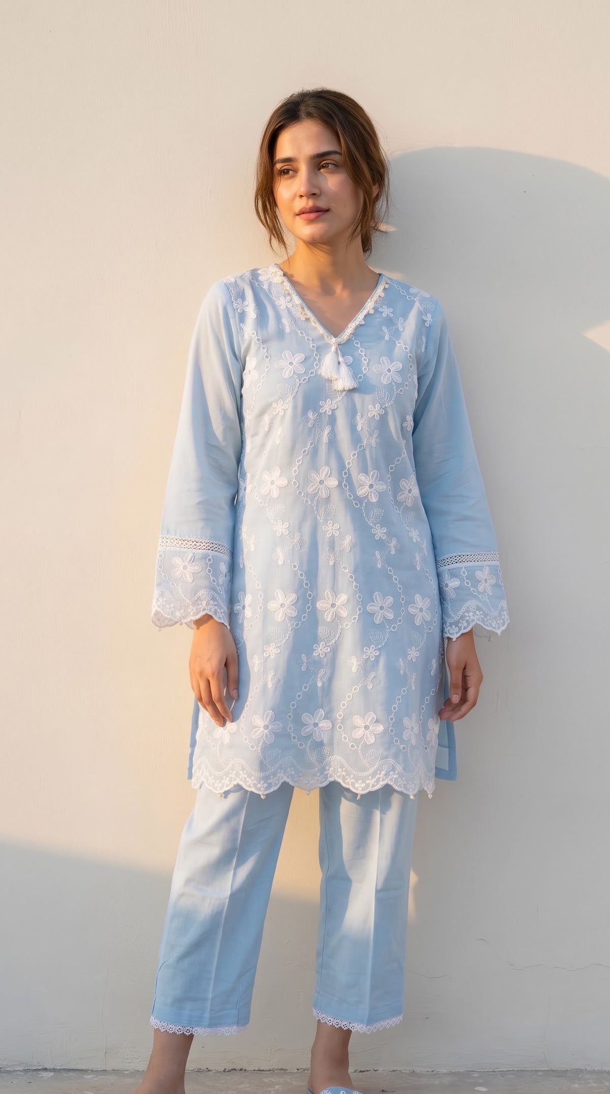 Sufi Pink Cotton Chikankari Kurta Set