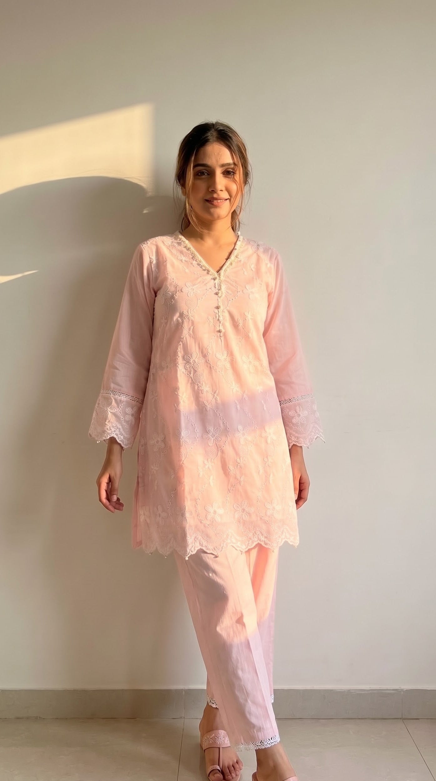 Sufi Pink Cotton Chikankari Kurta Set