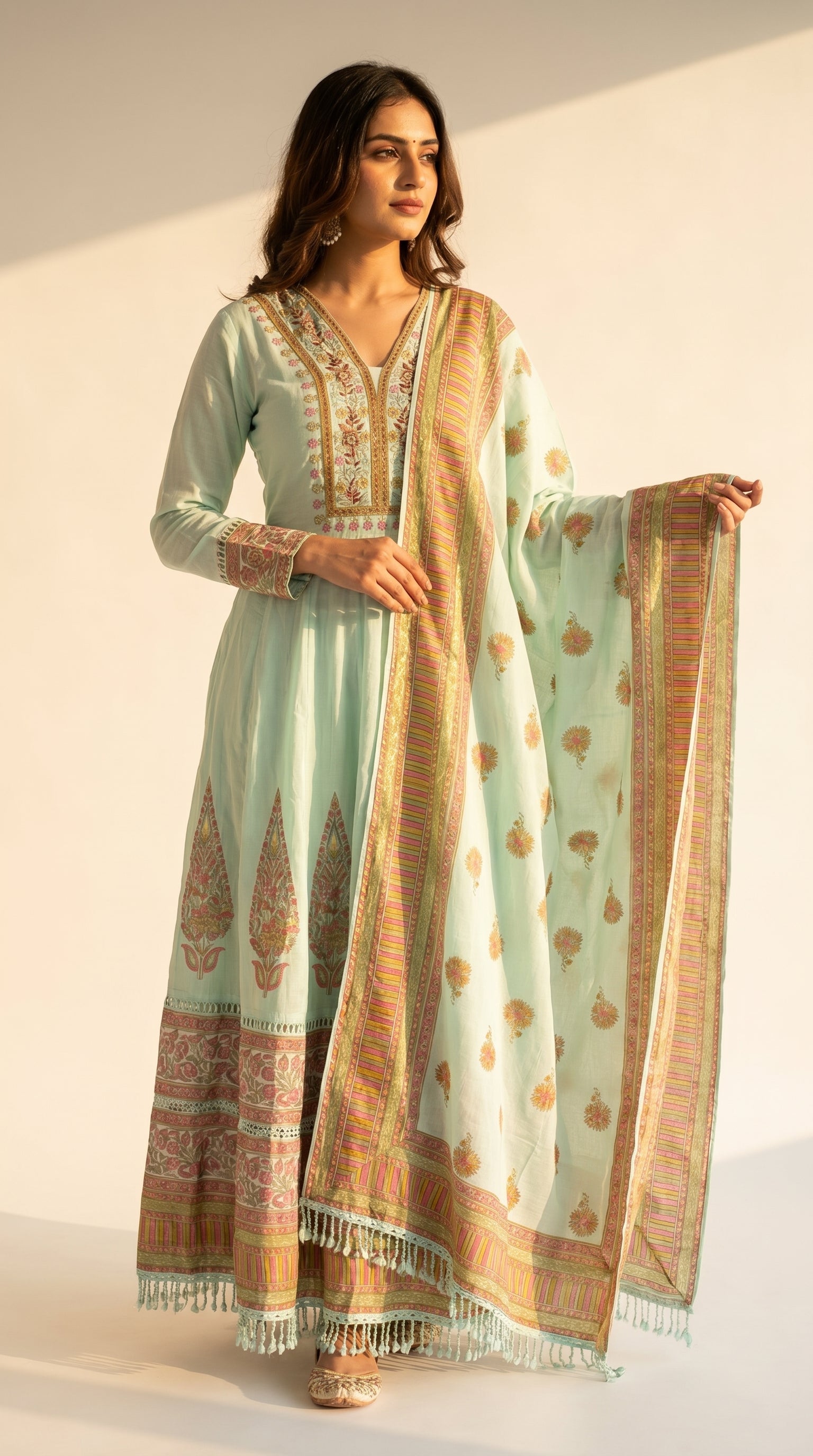Mint Flora Printed Anarkali Kurta Set
