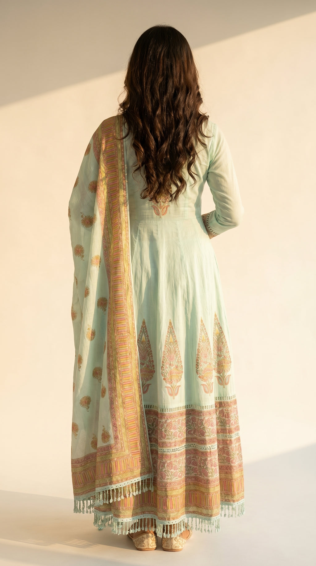 Mint Flora Printed Anarkali Kurta Set
