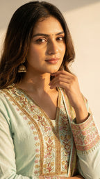 Mint Flora Printed Anarkali Kurta Set