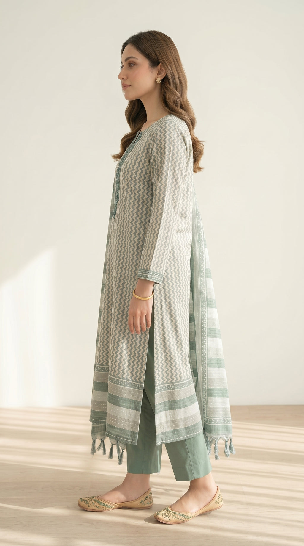 Zariya Sage Green Printed Cotton Kurta Set
