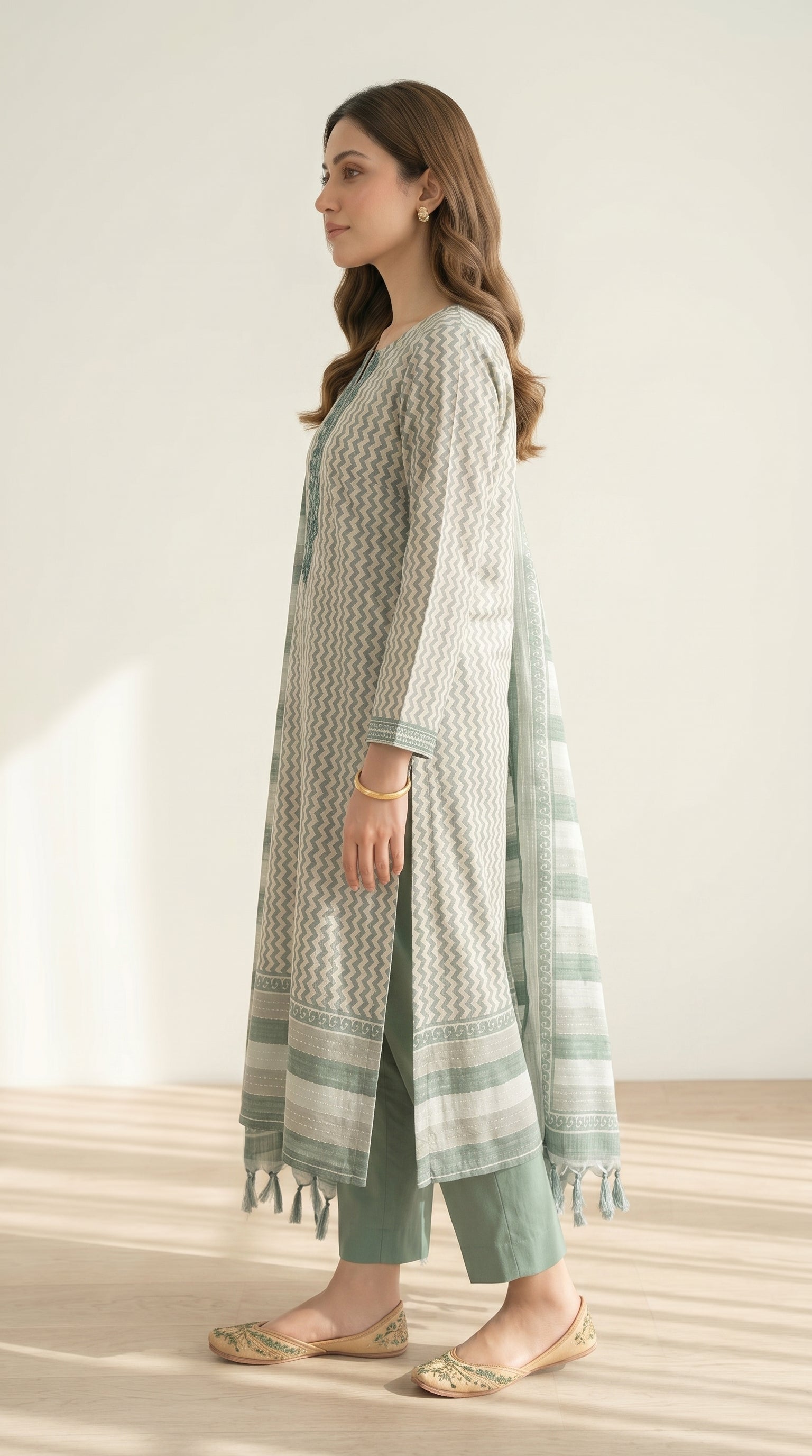 Zariya Sage Green Printed Cotton Kurta Set