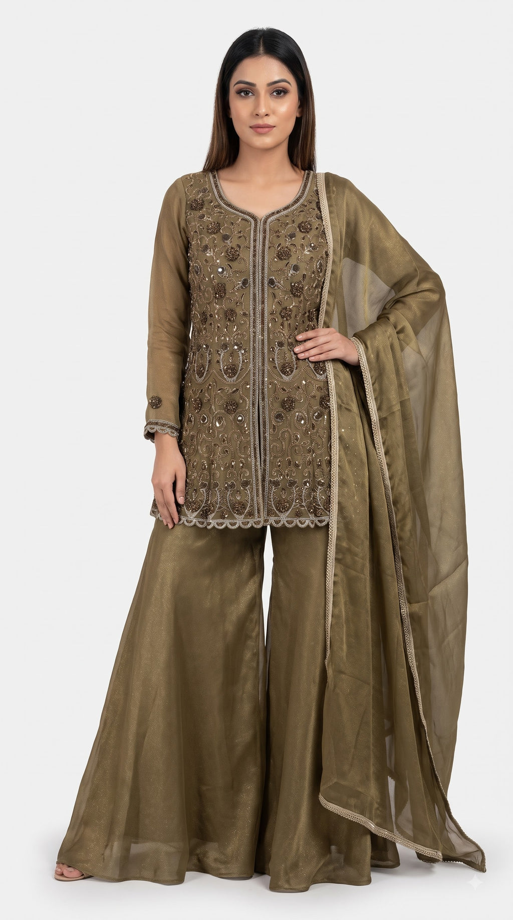 Noor Olive Organza Sharara Set