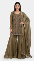Noor Olive Organza Sharara Set