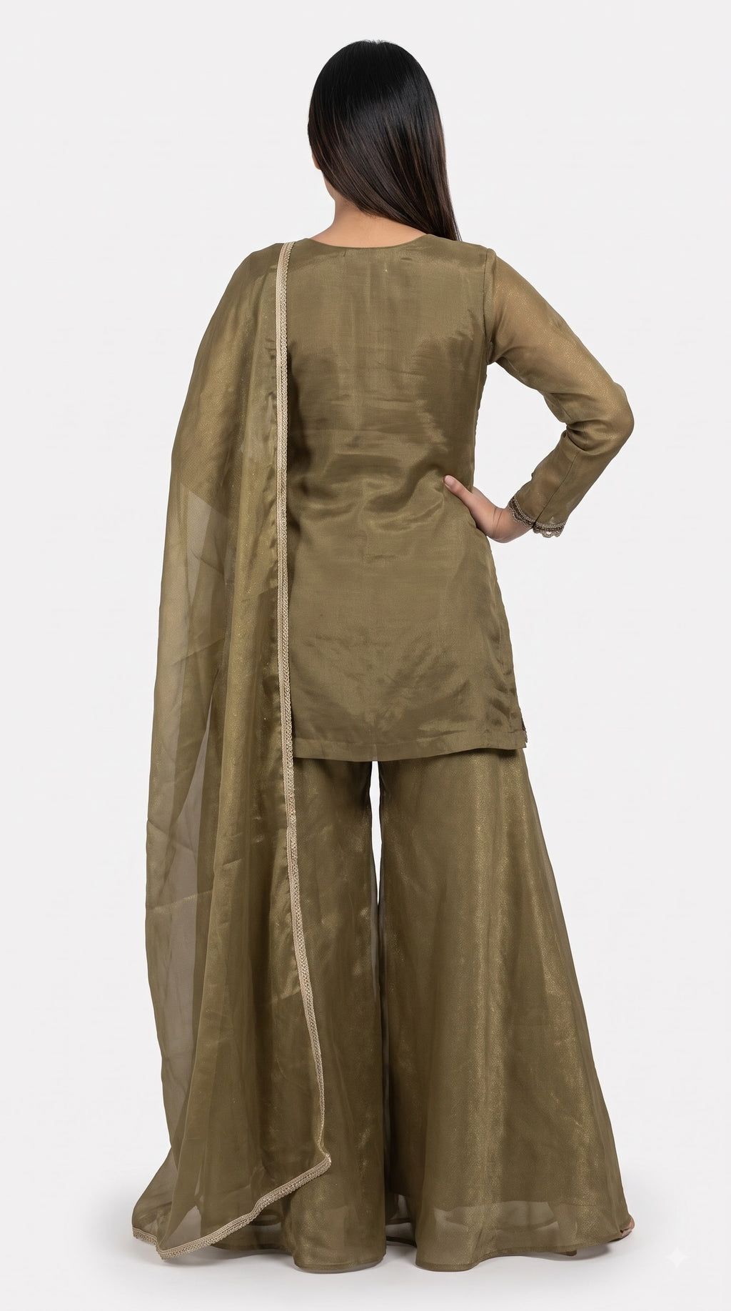 Noor Olive Organza Sharara Set