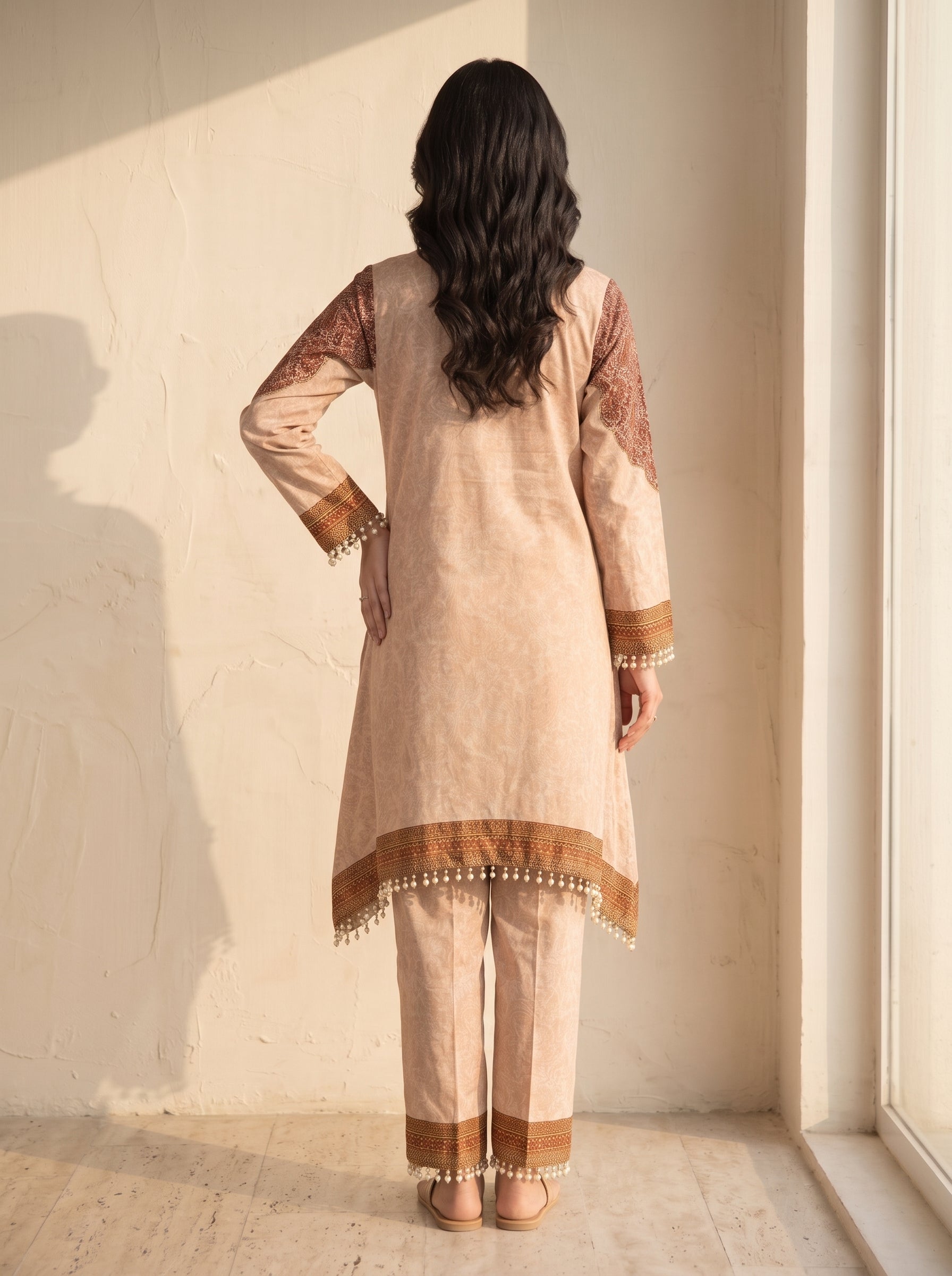 Nazneen Beige Chanderi Asymmetric Kurta Set