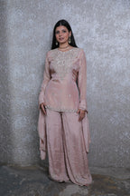 Rose Pink Silk Handwork Short Shirt Plazzo Suit