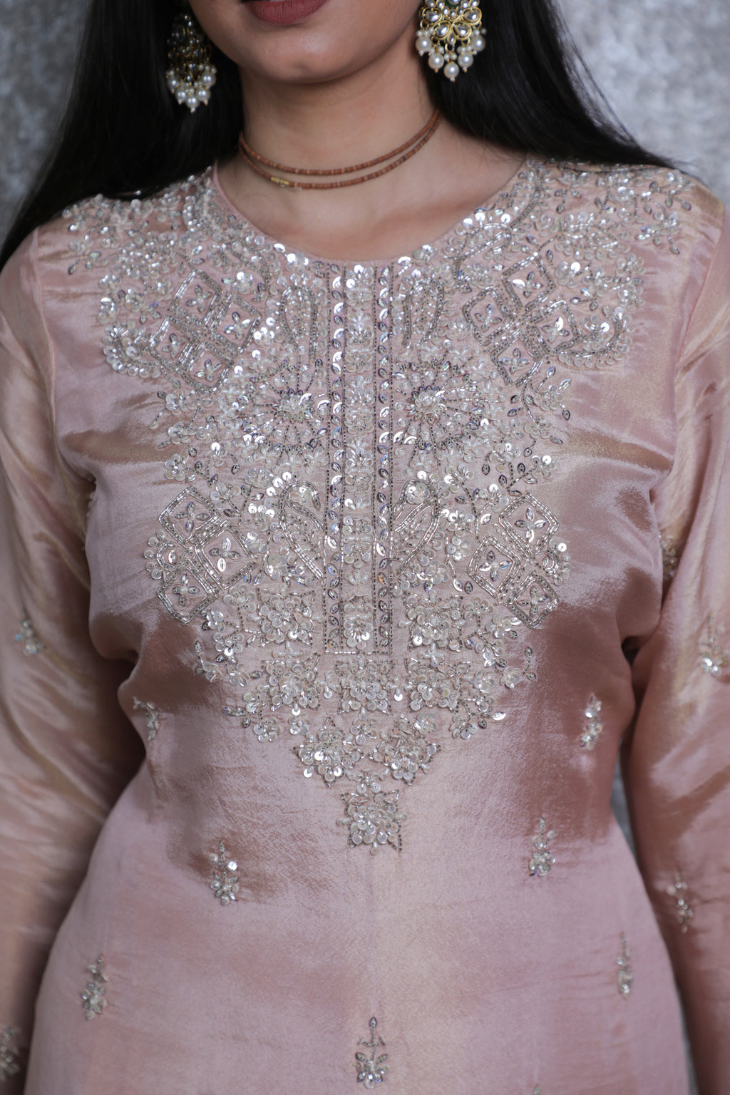 Rose Pink Silk Handwork Short Shirt Plazzo Suit