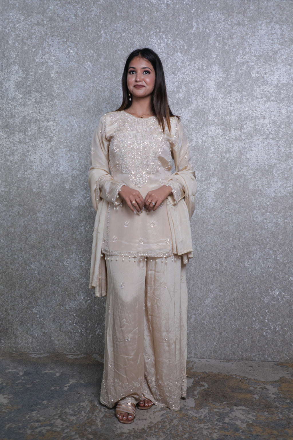 Golden Silk Handwork Short Shirt Plazzo Suit