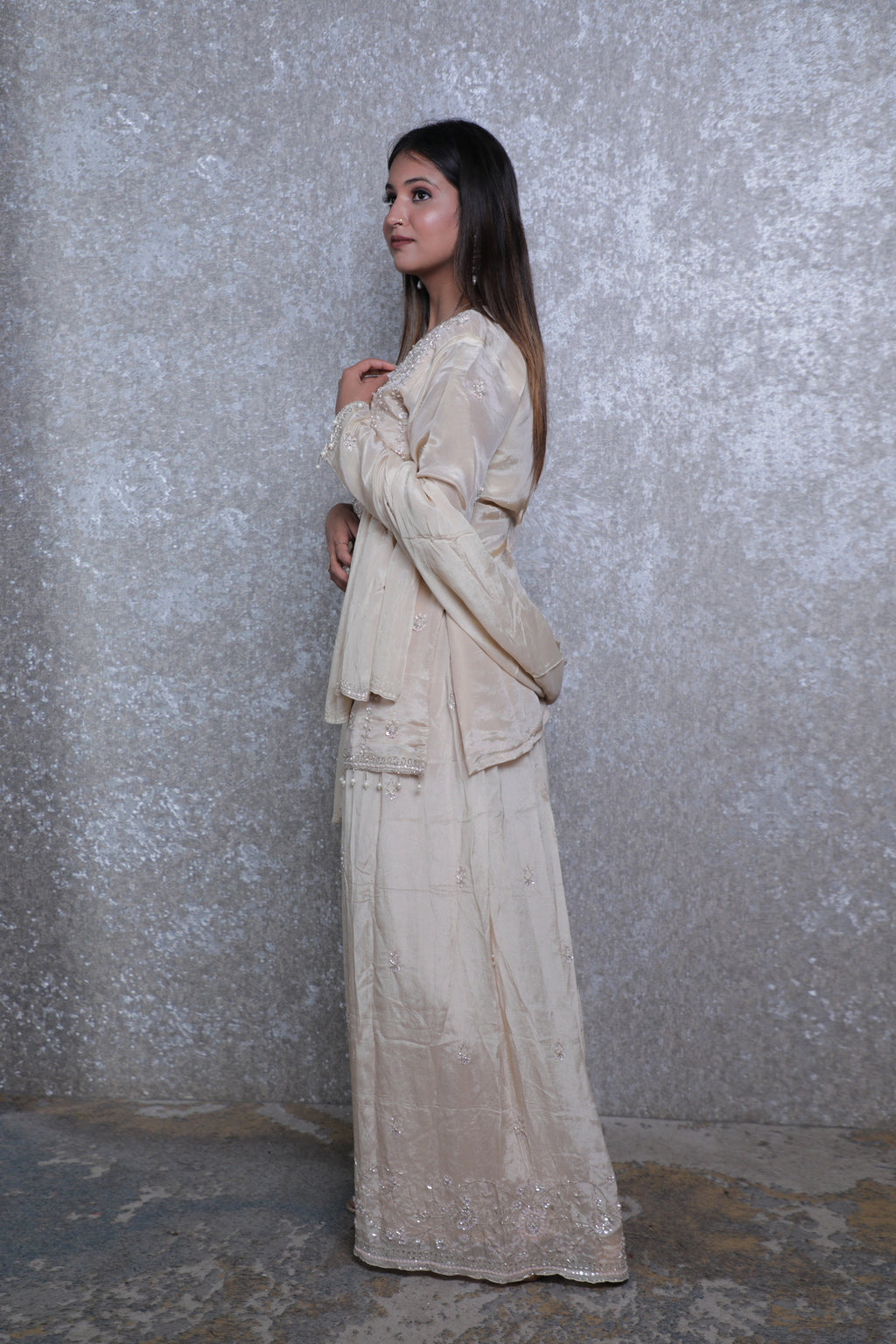 Golden Silk Handwork Short Shirt Plazzo Suit