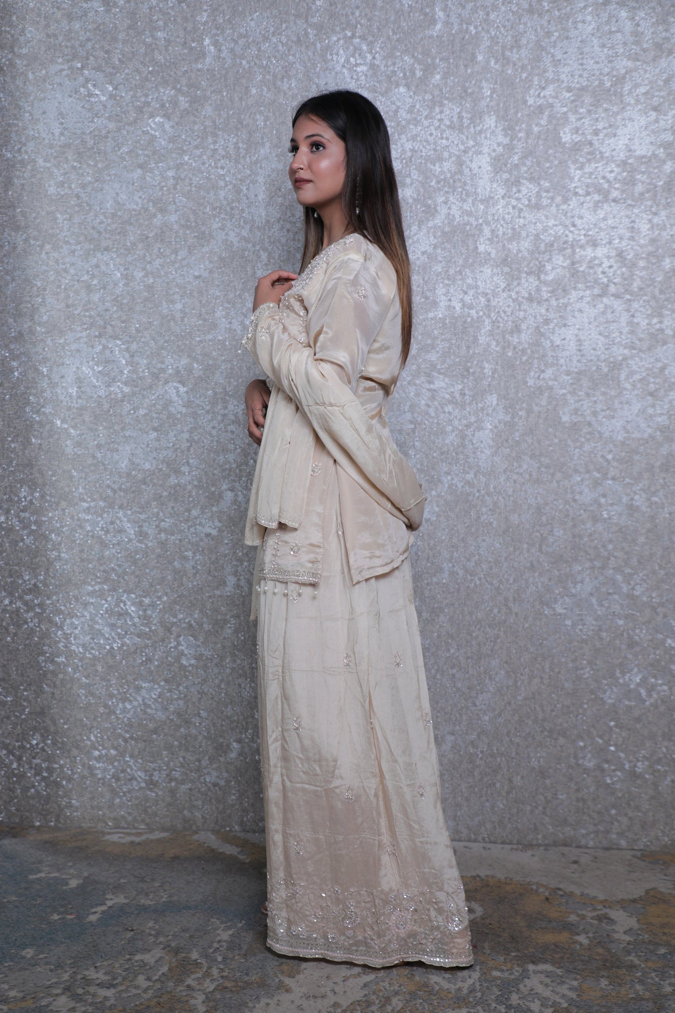 Golden Silk Handwork Short Shirt Plazzo Suit