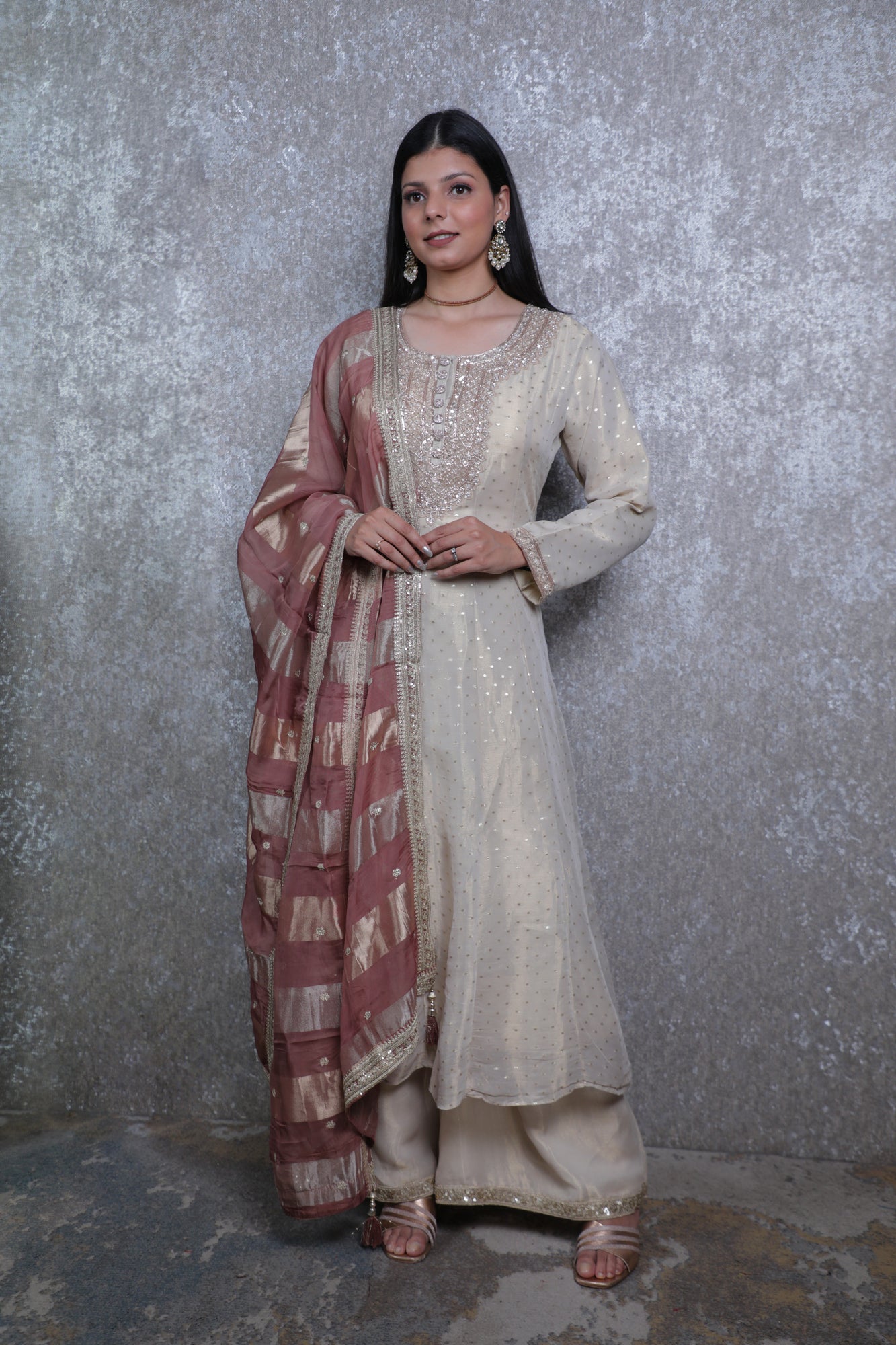 Golden Weaving Silk Handwork Short Anarkali with Sharara