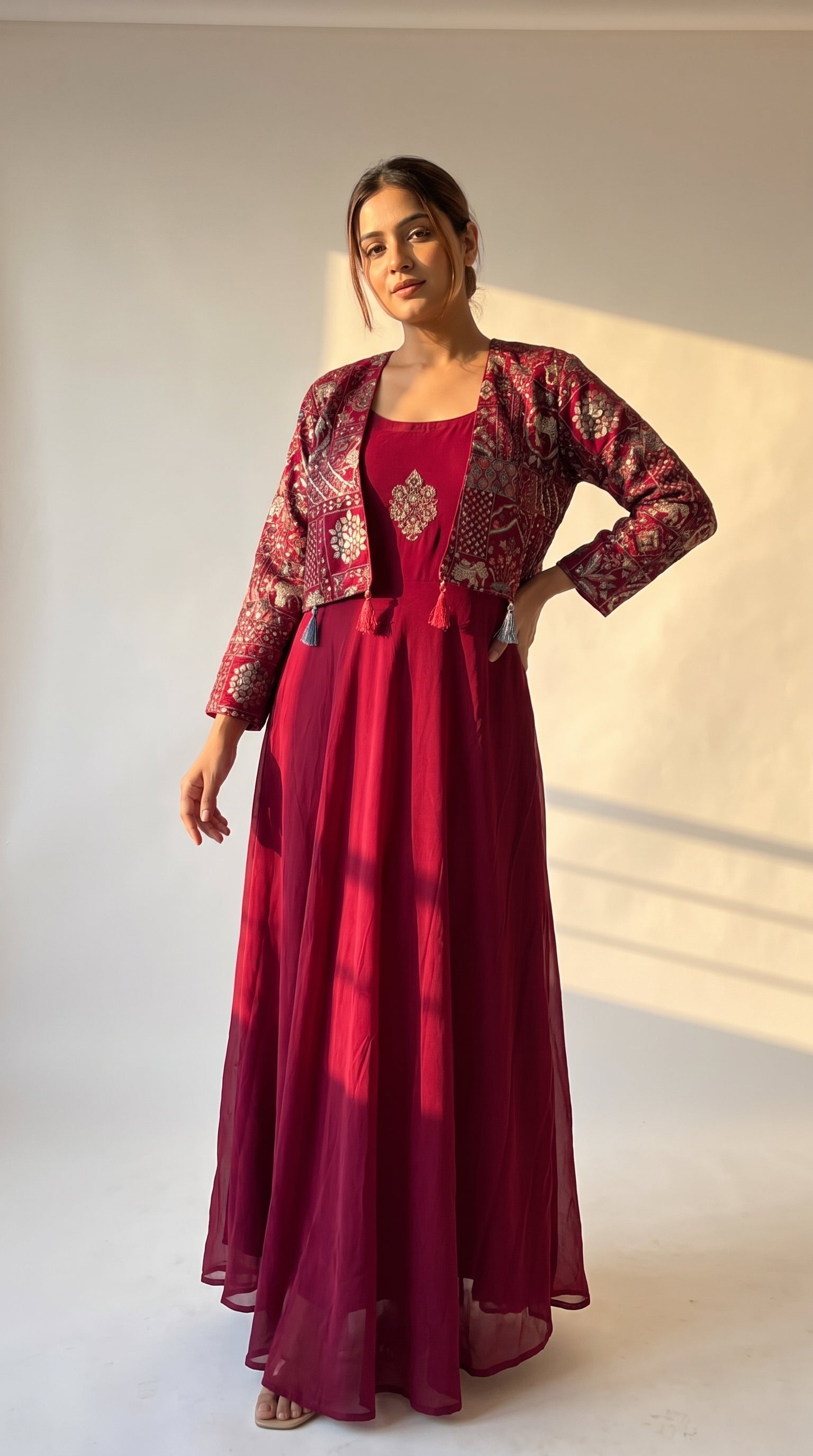 Gauri Wine Georgette Anarkali Jacket Set
